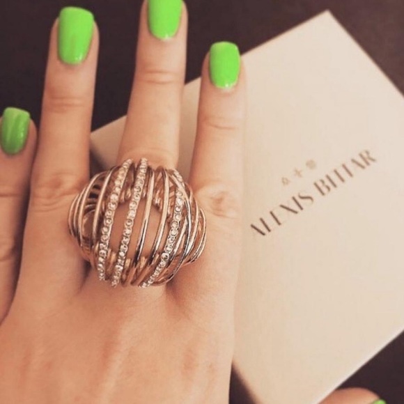 Gold Toned Sculpted orbital spiral cocktail ring Size 7 Crystal Accented - Picture 2 of 6